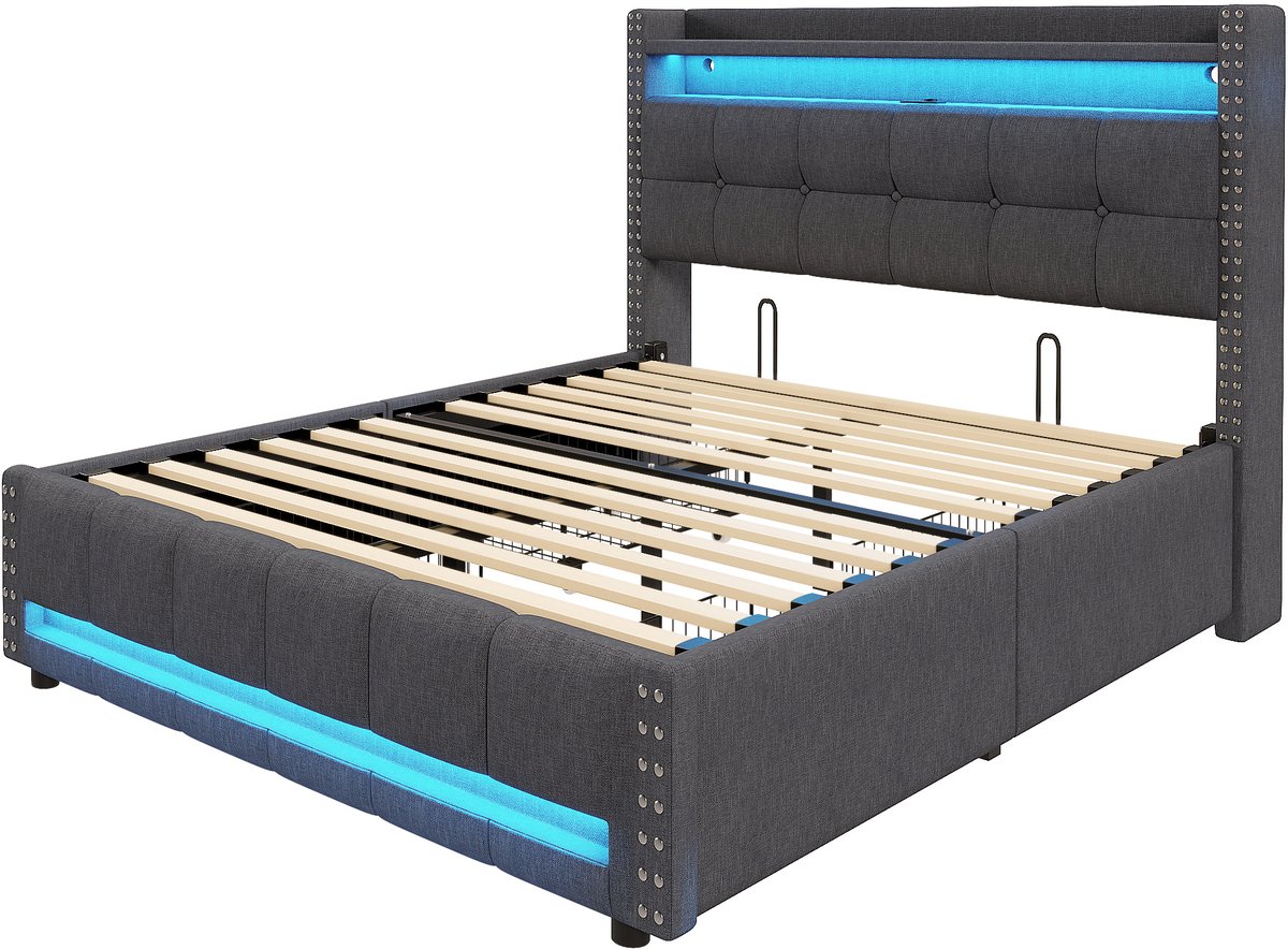 Gestoffeerd bed van 160 x 200 cm met ledverlichting en USB-poort, hoofdbord met plank en 4 lades voor opbergruimte, tweepersoonsbed voor volwassenen, grijze linnen stof.