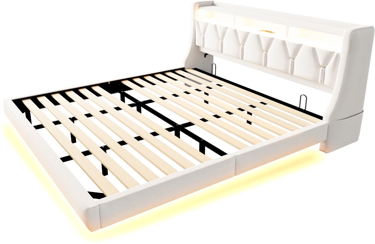 COVREO Gestoffeerd bed met klaphoofdeinde – Tweepersoonsbed met laadpunt – Bedframe met LED en vakken – 180x200 cm – Beige - zonder matras