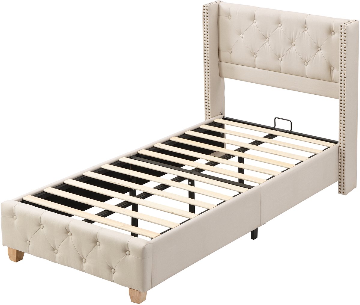 COVREO Gestoffeerd bed 90 x 200 cm met lattenbodem en hoofdeinde, beige