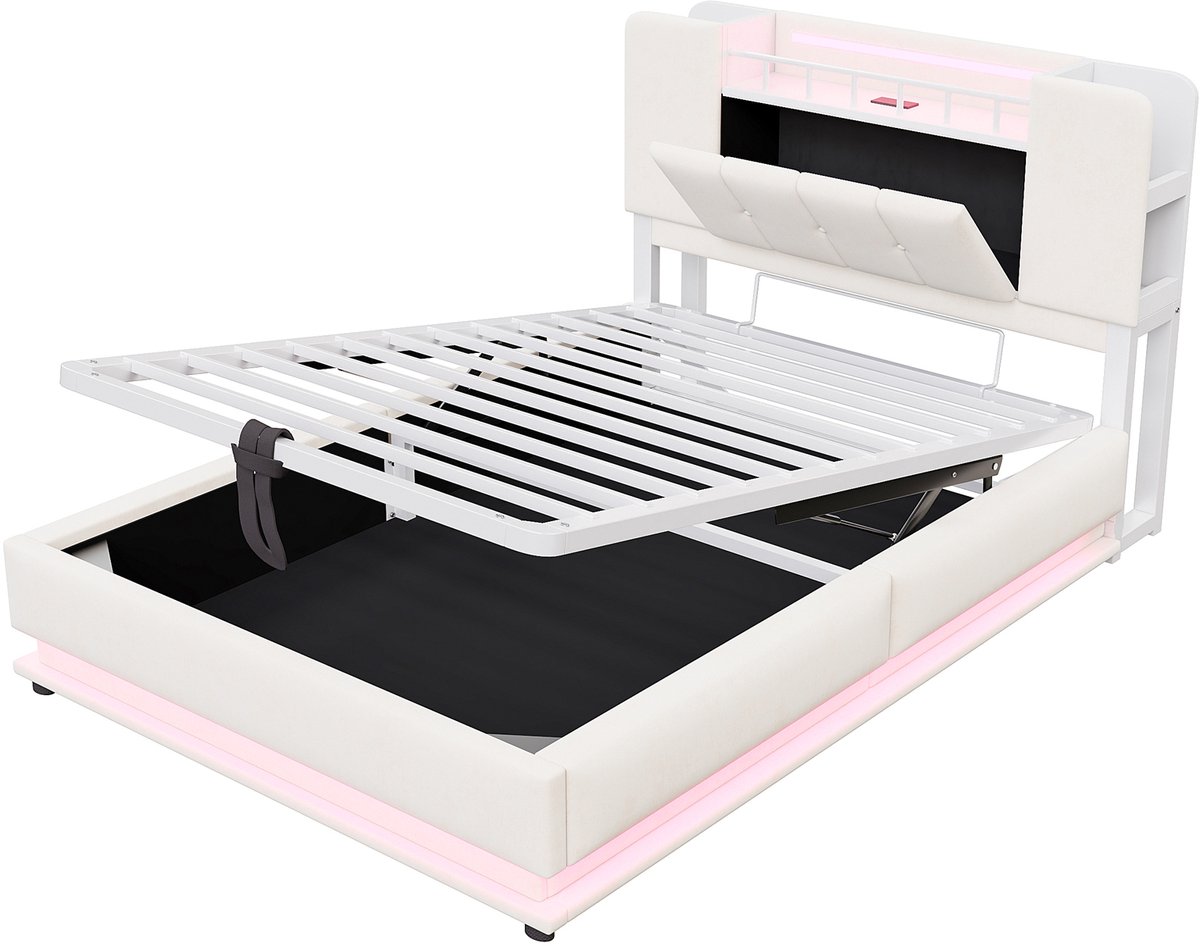 COVREO Kinderbed met LED-verlichting en USB-aansluiting – 90x200 cm – Bed met hydraulische opbergruimte – voor kinderkamer – Beige - zonder matras