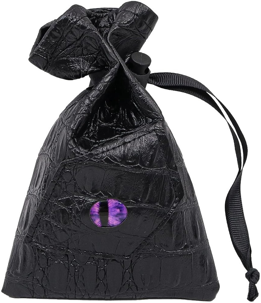 Dailygoods- Dobbelstenen Tas - Multifunctioneel PU-leer - Trekkoordsluiting - Opbergtas voor RPG-spellen - Zwart met paarse drakenogen - Afmetingen 3,9 x 5,5 inch