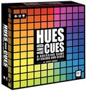 Doos met een raster van 480 kleuren, van geel tot blauw, met de tekst HUES AND CUES.  Ideaal voor 3-10 spelers.