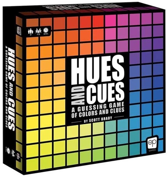 Doos met een raster van 480 kleuren, van geel tot blauw, met de tekst HUES AND CUES.  Ideaal voor 3-10 spelers.