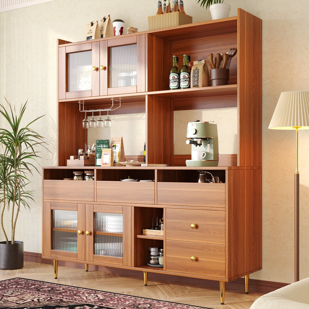DESMIU Buffetkast - Met Changhong Glazen Deur En Wijnrek - Veelzijdige Opbergruimte Voor Eetkamer En Keuken - MDF En Metaal - 145x39x171 Cm - Walnootbruin Naturel
