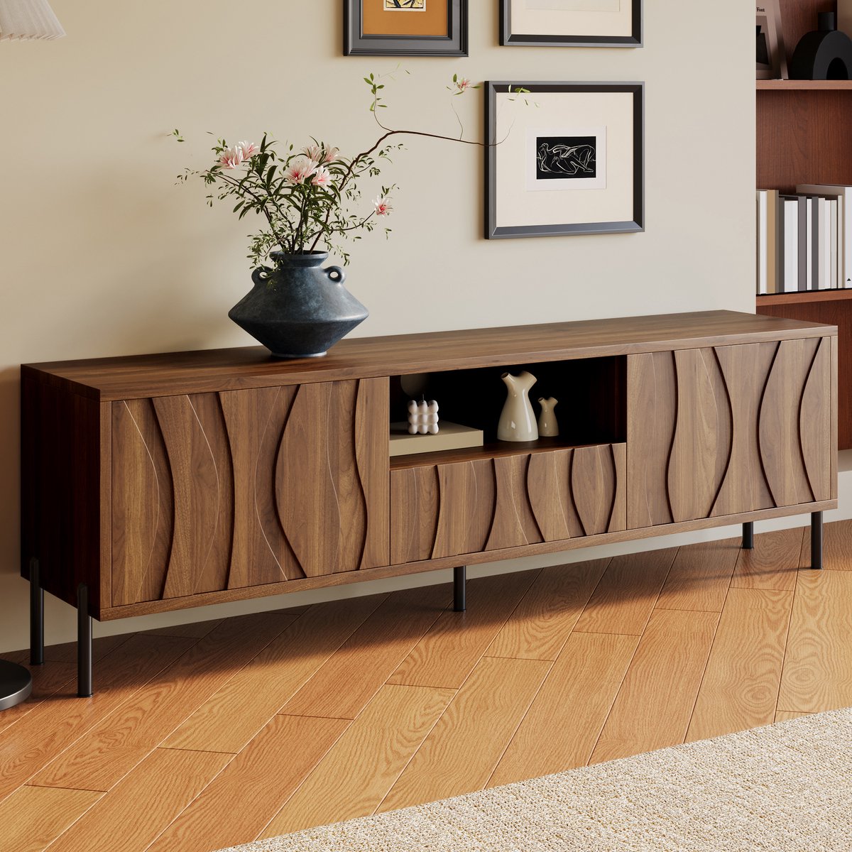 DESMIU Tv Meubel - Met Golvende Deuren En Veel Opbergruimte - Voor Woonkamer En Televisiehoek - Mdf - 160x35x46 Cm - Naturel