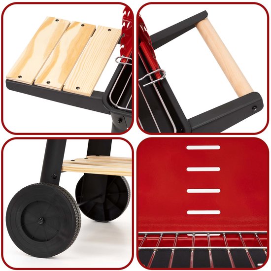 Springos Houtskool barbecue -Op Wielen - BBQ - Asopvangbak - Kunststof - RVS - Zwart - Rood - Houtlook - 6 Standen van springos — afbeelding 2