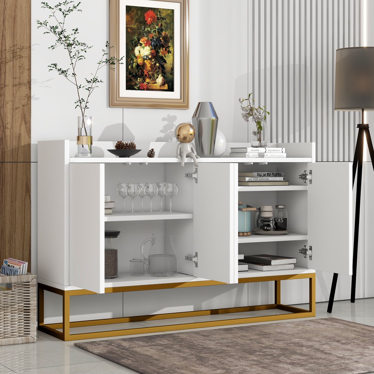 DESMIU Dressoir - Greeploos Minimalistisch Met 4 Deuren En Verstelbare Planken - Voor Keuken Woonkamer En Hal - Spaanplaat En MDF - 120x30x80 Cm - Wit
