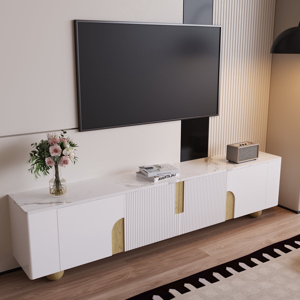 DESMIU Tv Meubel - Modern Design Met 4 Deuren En Veel Opbergruimte - Voor Woonkamer - MDF En Spaanplaat - 180x40x44 Cm - Wit Houtkleur