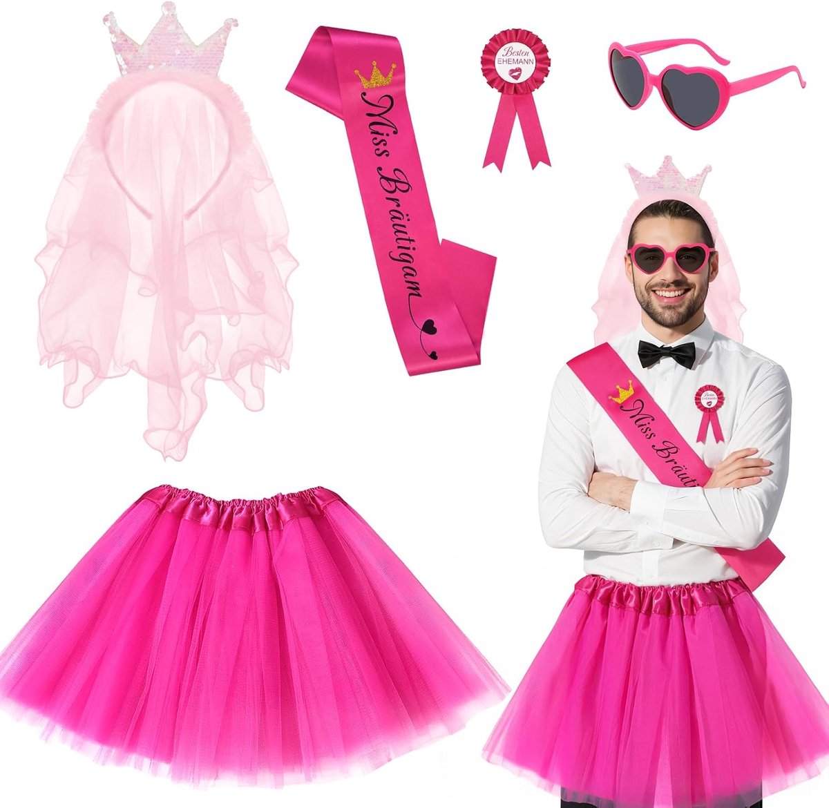 Roze vrijgezellenfeestset, 5-delig, tutu, rok, kroon, sluier, zonnebril, sjerp, badge voor vrijgezellenfeest, bruidsfeest, heren