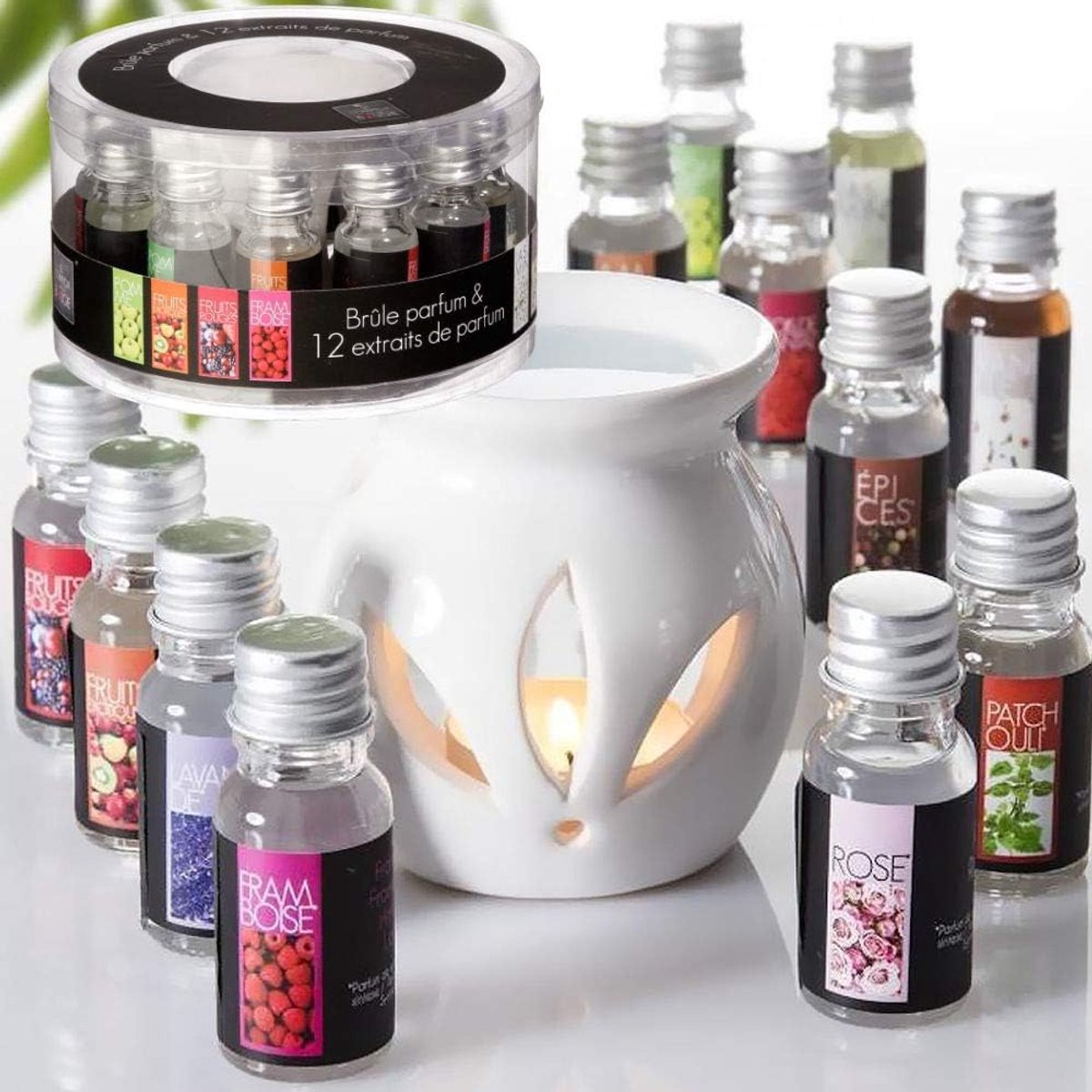 Oliebrander SET - Aromabrander voor Geurolie - INCL 12x 10ML Oliën - Jasmijn Vanille Roos Lavendel - Olieverdamper SET