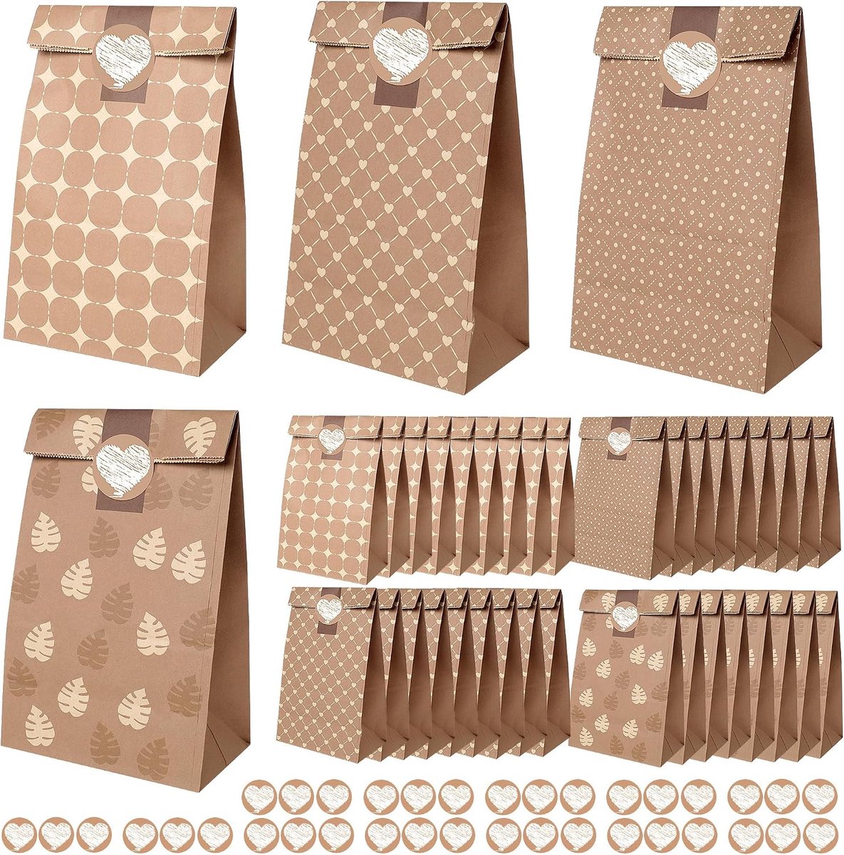 Papieren zakken, bruin, 36 stuks cadeauzakjes met 36 stickers voor kerstcadeaus, fruitzakken, broodzakken, verjaardagszakjes, bruiloftszakjes