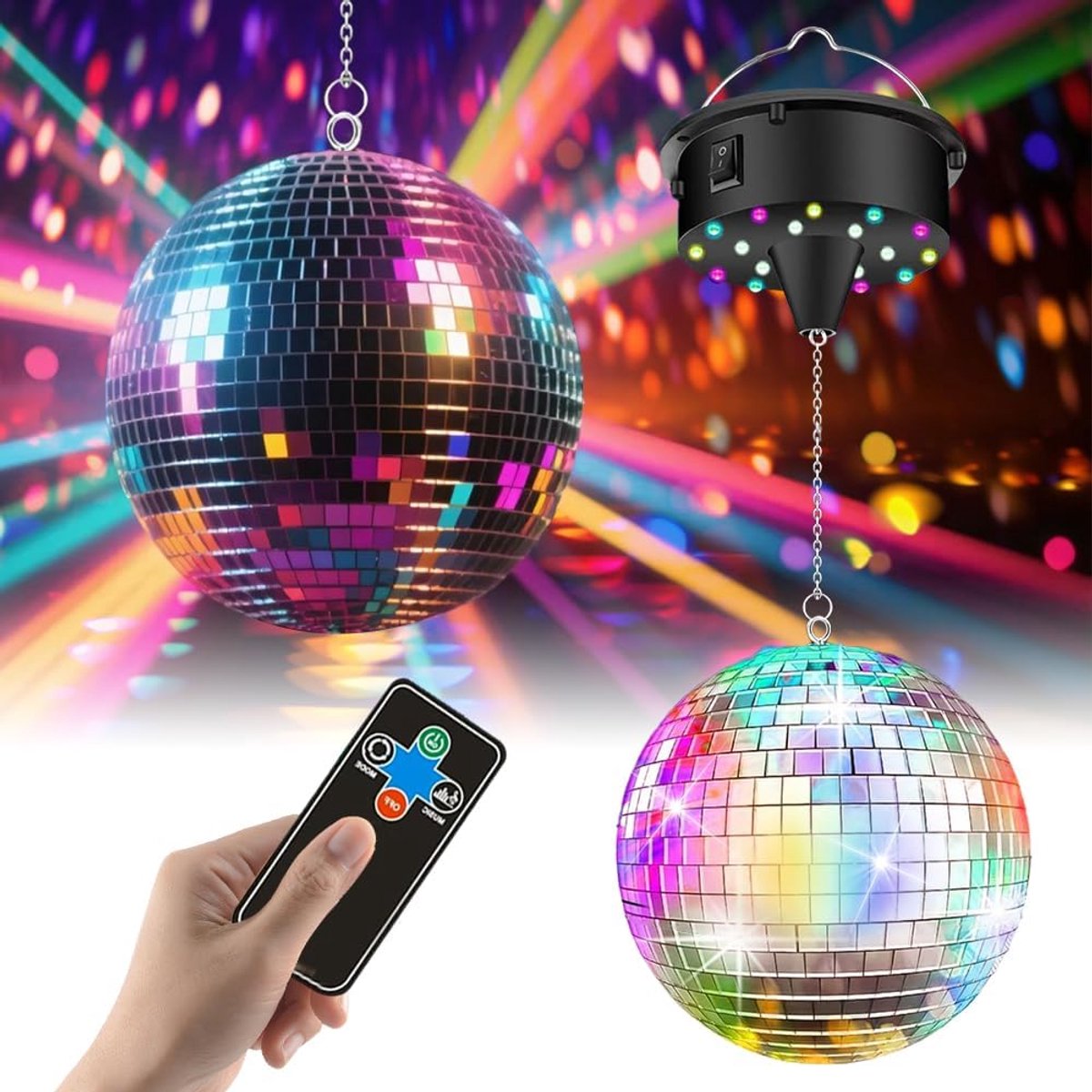 Discobal met motor, spiegelbal draaimotor, instelbaar 5/8/10/15 omw/min met 15,2 cm zilveren spiegelbal en 4 gekleurde lichten, 18 led-kralen, afstandsbediening voor feestjes, disco-lichteffecten