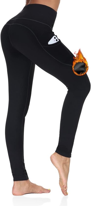 Zwarte, gevoerde legging met zakken. Vlammen tonen warmte.