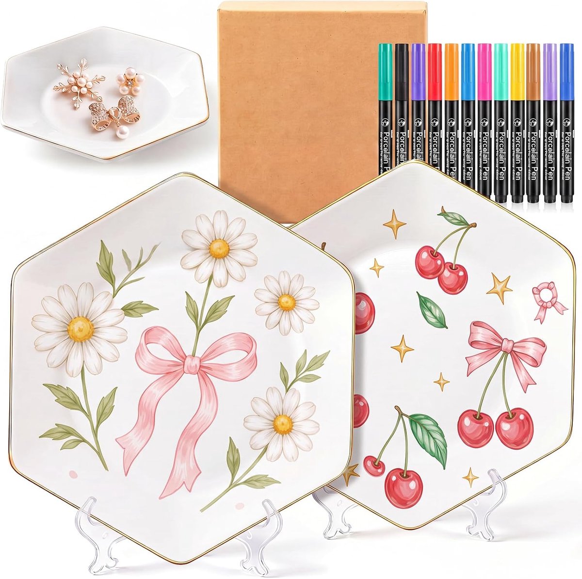 DIY Keramische Schilderset 2 Keramische Borden Witte Serveerschaal Saladebord 12 Vaatwasbestendige Porseleinen Pennen 2 Displaystandaards Geschenkdoos Familie Stelletje Meidenavond (Zeshoekig)