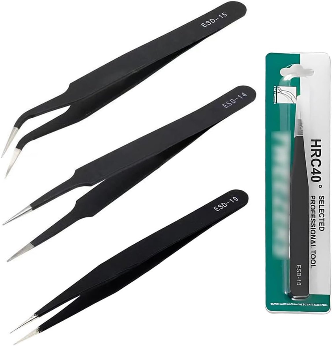 Set van 3 precisiepincetten van roestvrij staal, fijne punt, antislip, perfect voor sieraden, elektronica en horlogereparatie.