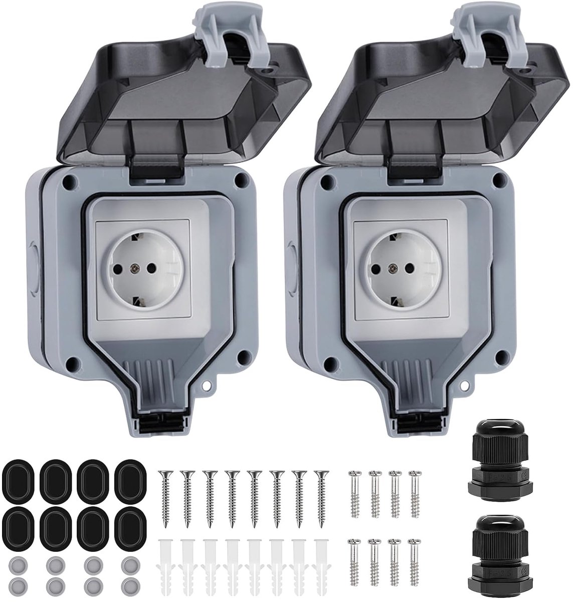 2 stuks buitenstopcontact, waterdicht, buitenstopcontact, IP66 tuinstopcontact, wandcontactdoos voor vochtige ruimtes, 1-voudig buitenstopcontact, stopcontact voor vochtige ruimtes, tuin