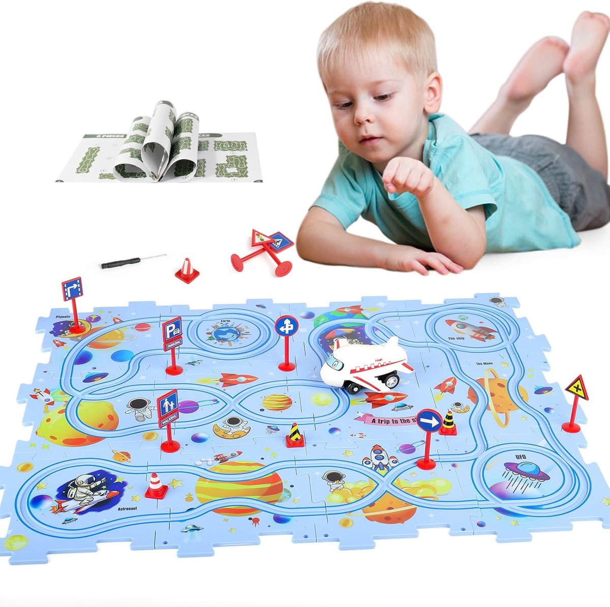 Circuit Auto Speelgoed voor Kinderen Rijstroken Puzzelbaan met Voertuig Elektrische Puzzle Autoracebaan Speelgoed Montessori Speelgoed voor Jongens en Meisjes(ruimte)