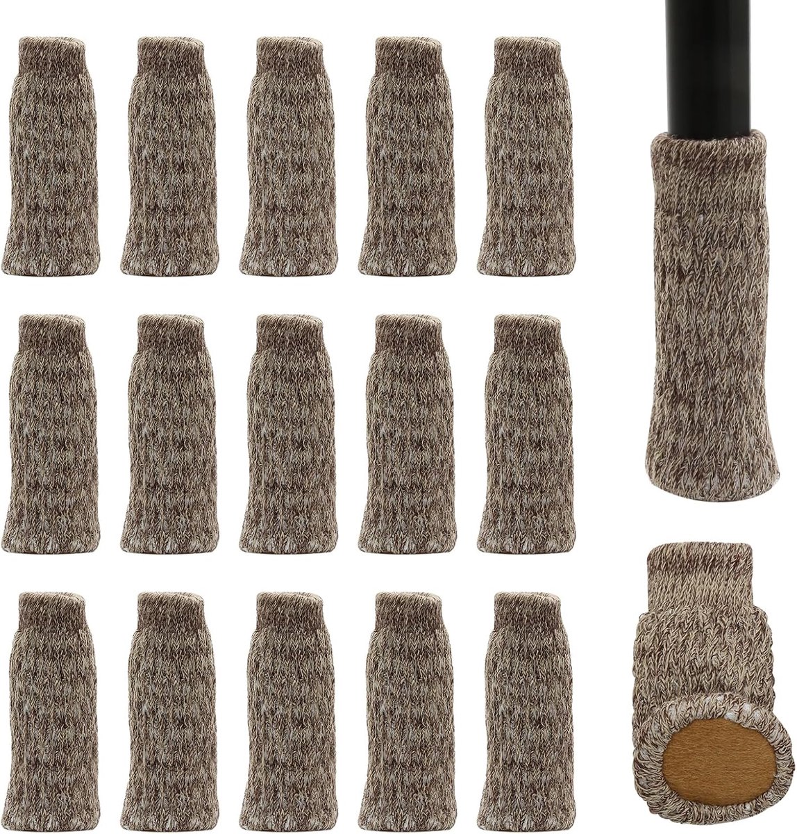 16 stuks stoelbeensokken met vilten pads, dubbellaagse antislip gebreide meubelslofjes voor thuis, school, kantoor, bibliotheek (kaki)