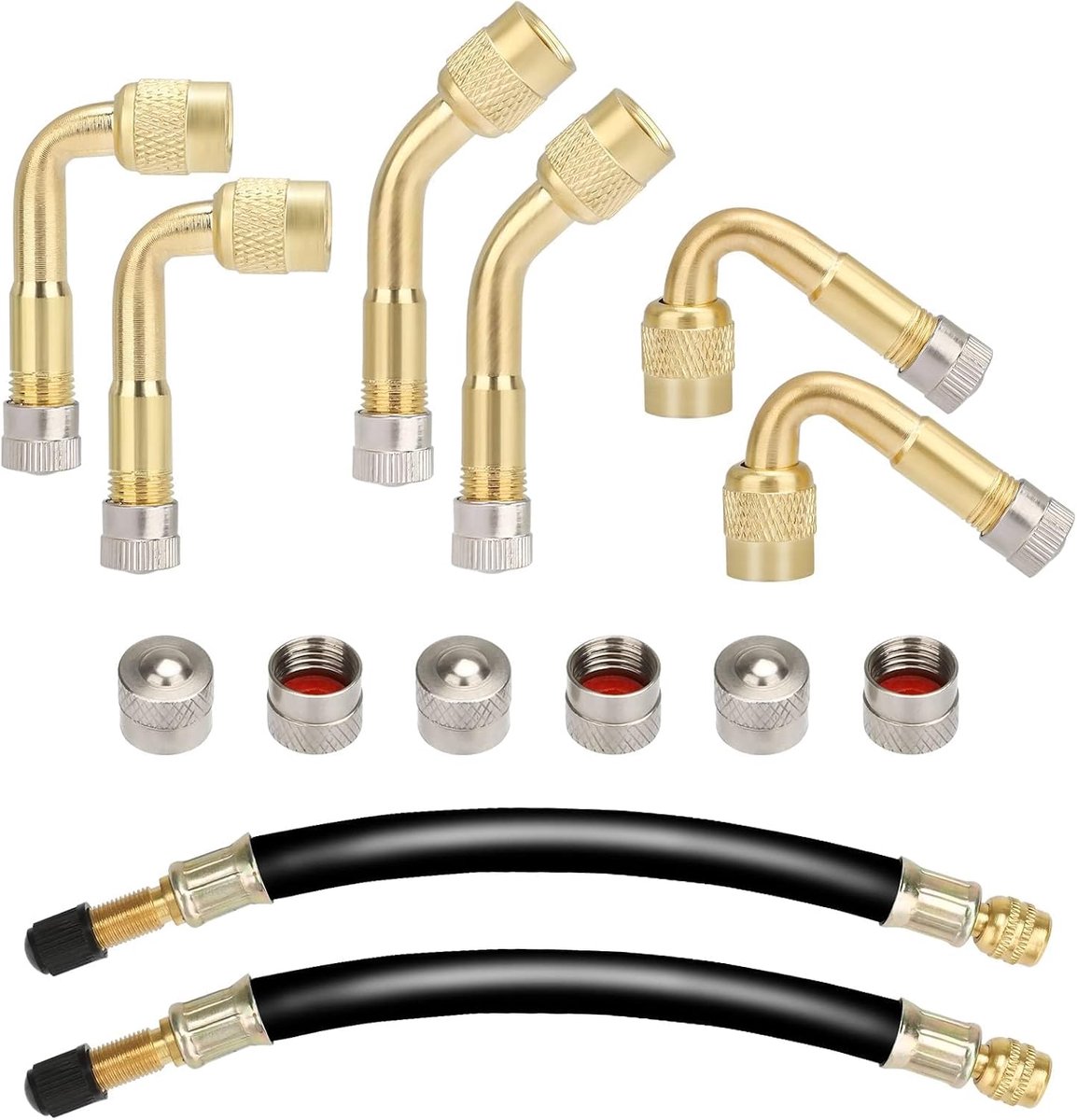 6 stuks ventielverlengingen, hoekventiel 45, 90, 135 graden, 180 mm, bandenvulslang met metalen doppen voor auto, motorfiets, fiets