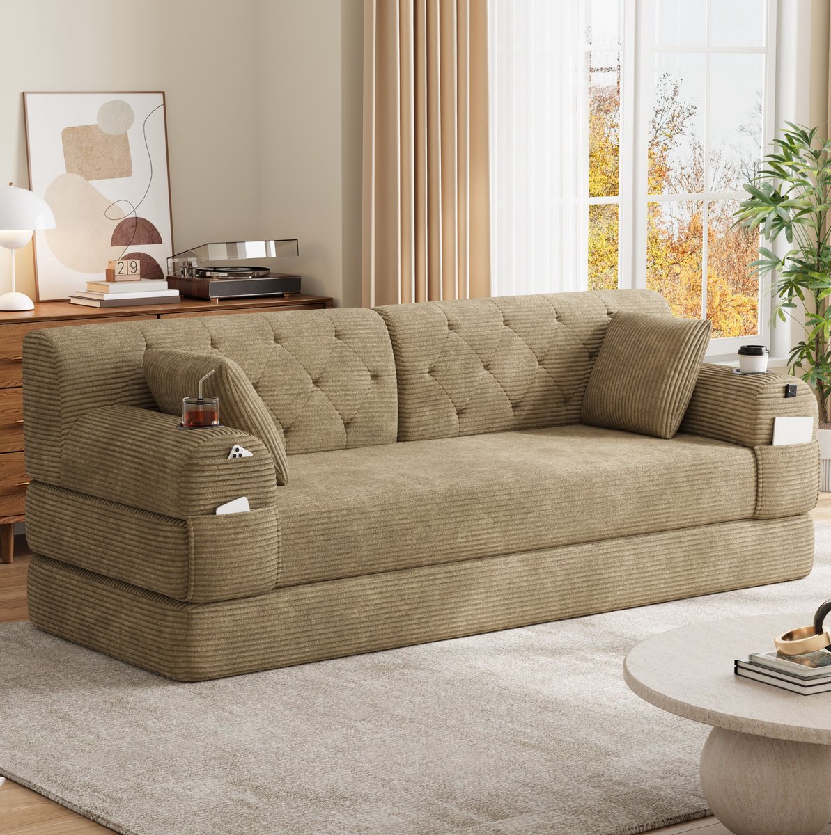 FloraGrace Slaapbank 208 x 80 x 81 cm - 3-Zits Met Hoge Rugleuning, 2 Bekerhouders En 4 Zijvakken - Cord - Khaki