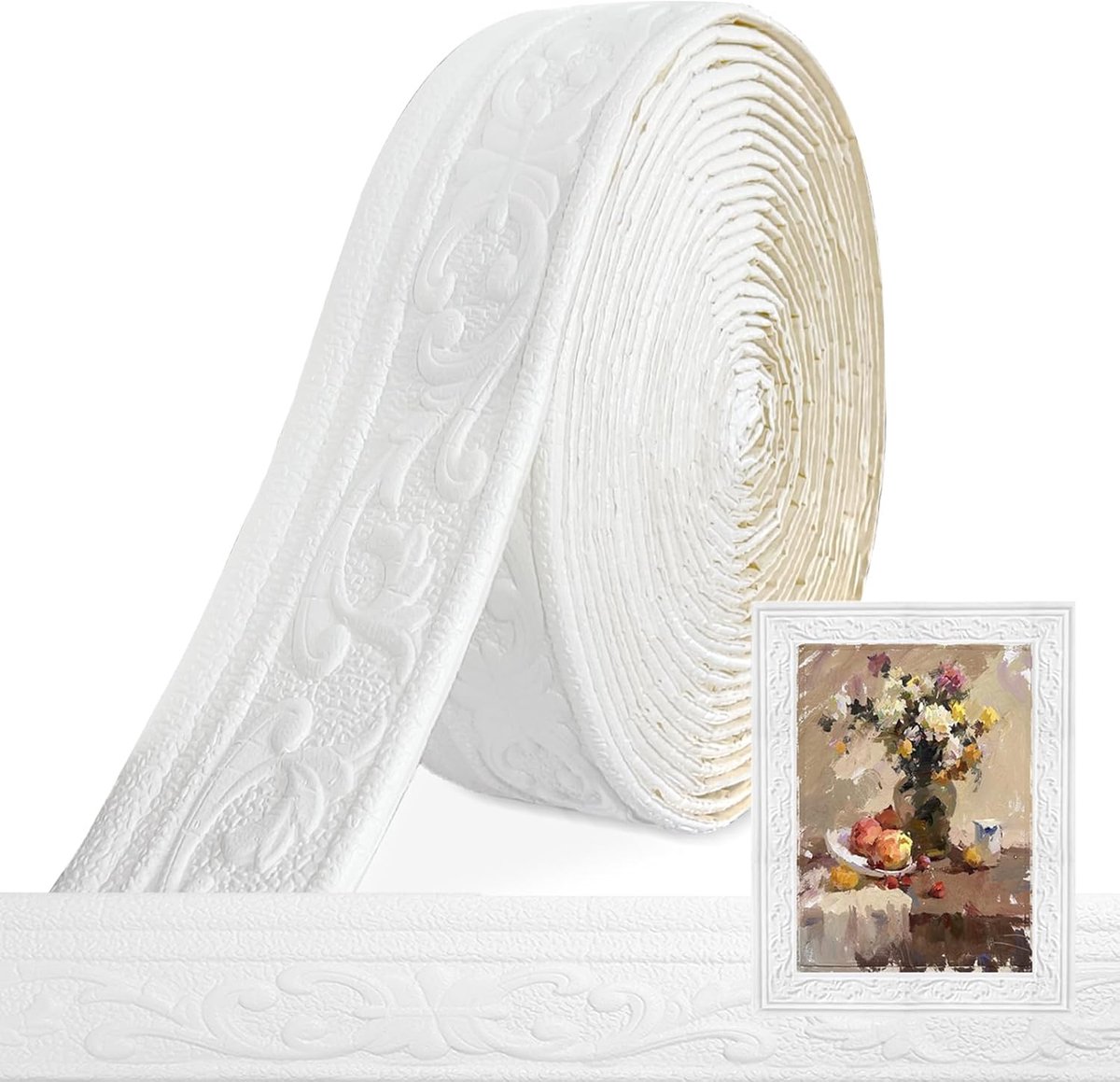 rand, wit, 8 cm (B) x 5 mm (D) x 10 m (L) - 3D-sierlijsten, zelfklevend, stuclijsten muur, waterdichte wandrand, lijsten, zelfklevend, voor hoeken, lijnen, plafonddecoratie
