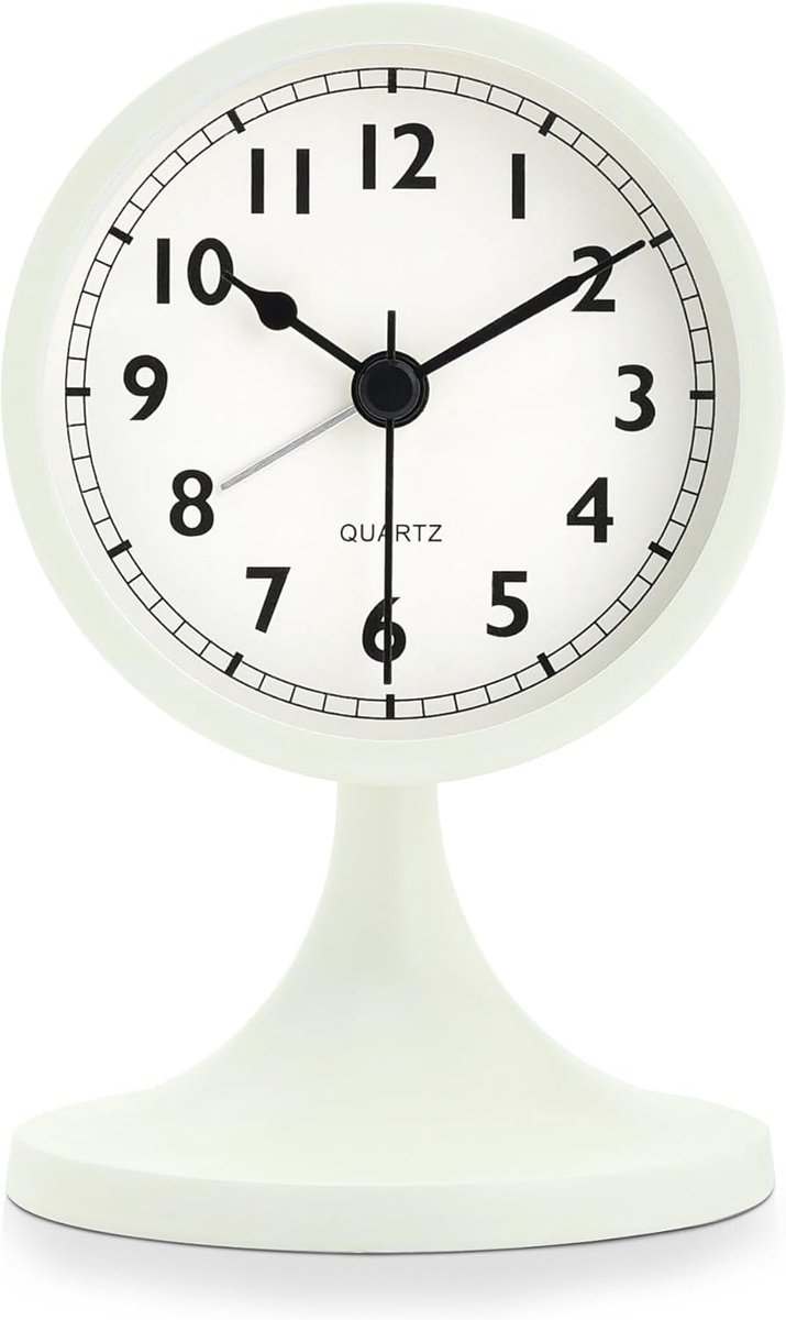 Metalen wekker, wit, retro, klassiek, wekker, geruisloos, zonder tikken, met nachtlampje en sluimerfunctie, kleine tafelklok, analoog, werkt op batterijen, voor nachtkastje, slaapkamer,