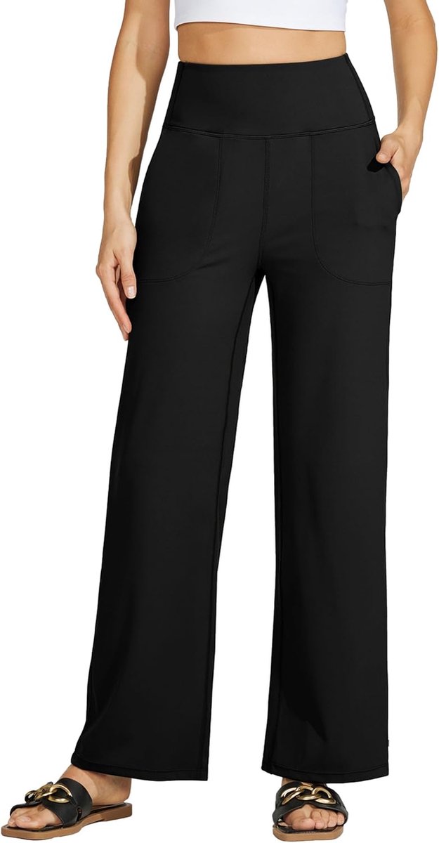 Dames wijde pijpen yoga broek met zakken hoge taille comfortabele zachte casual lounge broek 28"/30"