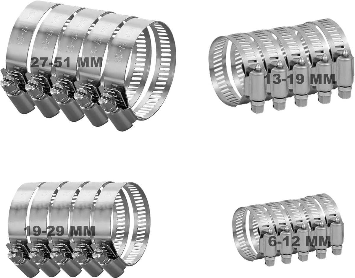 20 Stuks Jubilee Clips 6-51 mm 304 Rvs 4 Maten | Verstelbare Slang- En Pijpklemmen Voor Tuin, Zwembad, Wasmachine En Meer