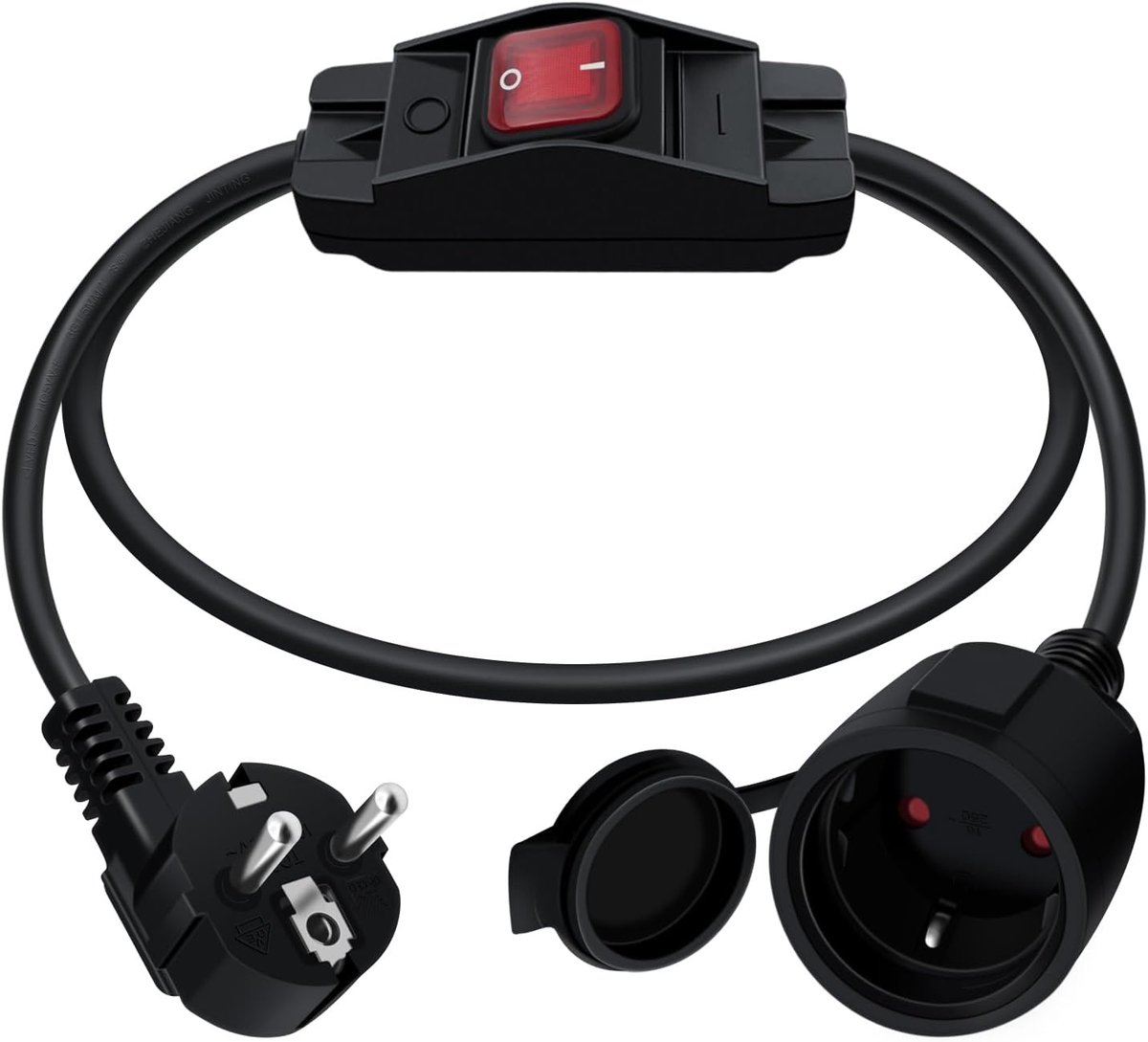 Verlengkabel met Schakelaar 16 A, 250 V Geaarde Kabel met Schakelaar 3 x 1,0 mm² Waterdicht, voor Stopcontact IP44, voor Binnen of Buiten, Thuis, Kantoor (90 Graden Zwart, 1.5m)