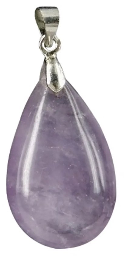 Druppelvormige hanger van amethyst met zilveren bevestiging.