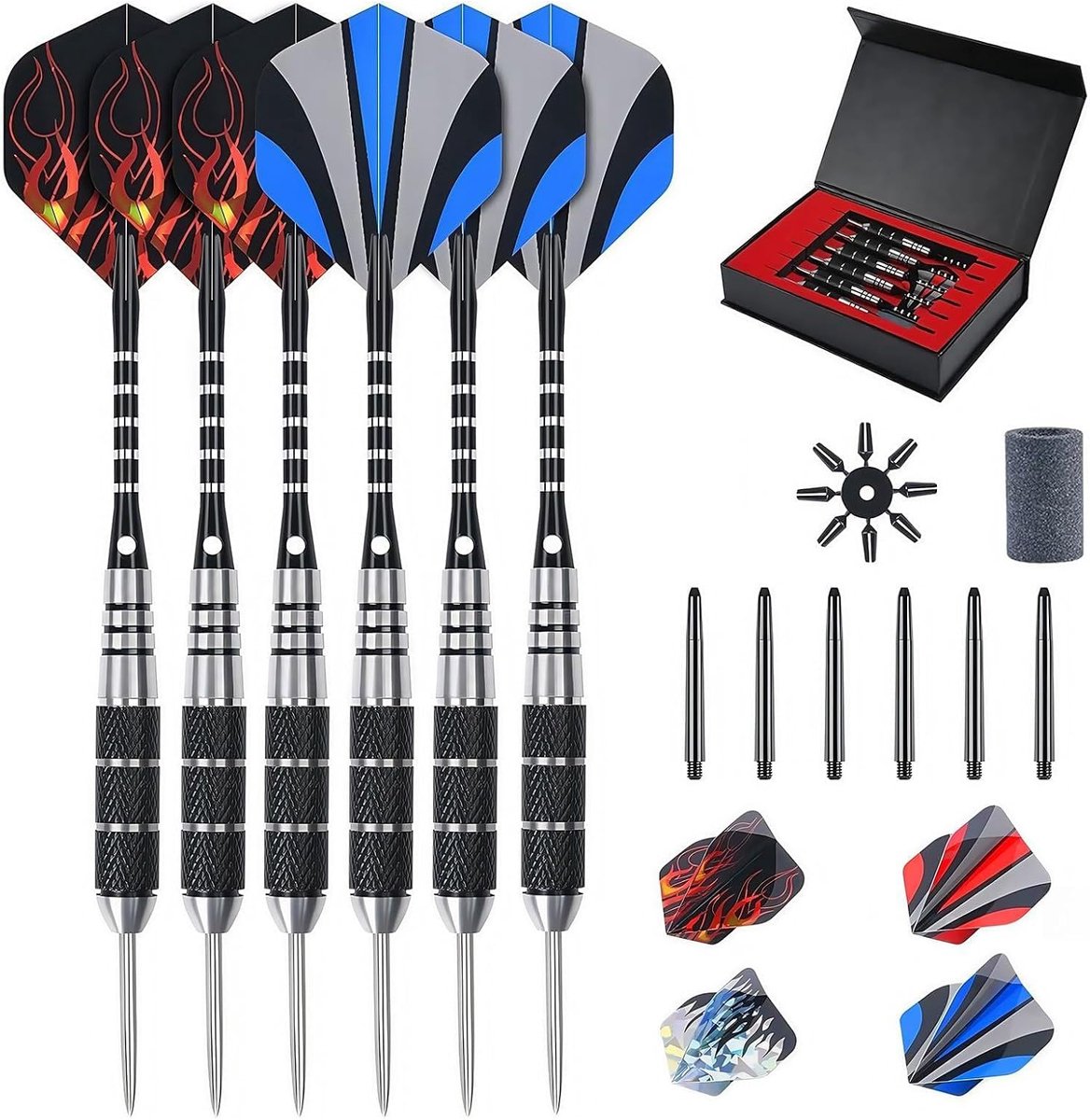 SnelShoppen - 6 Pack Stalen Dartset Professionele 22g Darts met Antislip Roestvrijstalen Schacht, 4 Stijl Poly Vluchten, PVC Schachten, Dartslijper, R