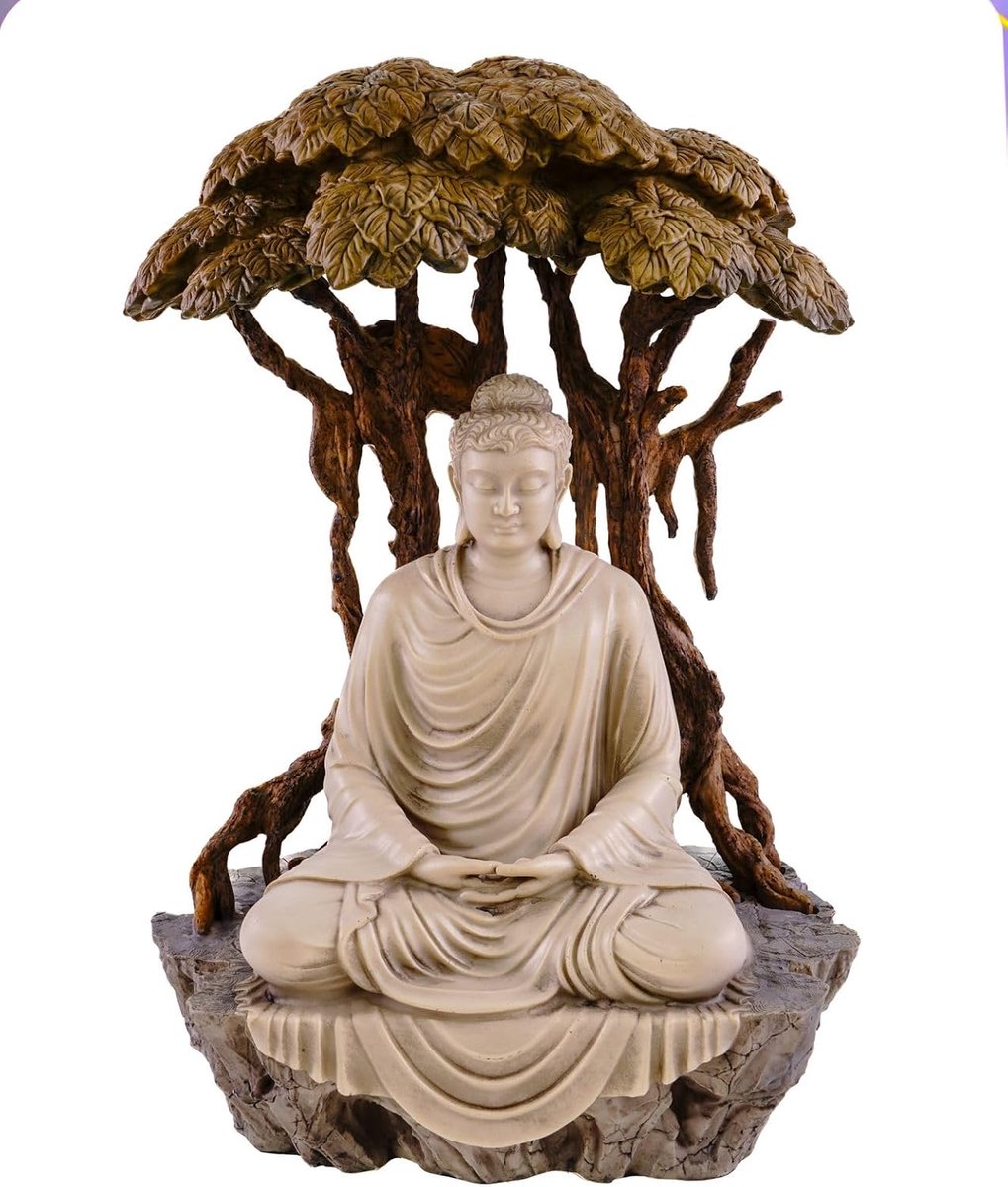 SnelShoppen - Grote Buddha Beeld Zittend - Levensboom 37 cm Handgeschilderd Kunststof - Gedetailleerde Decoratie voor Meditatie, Woonkamer en Tuin - V