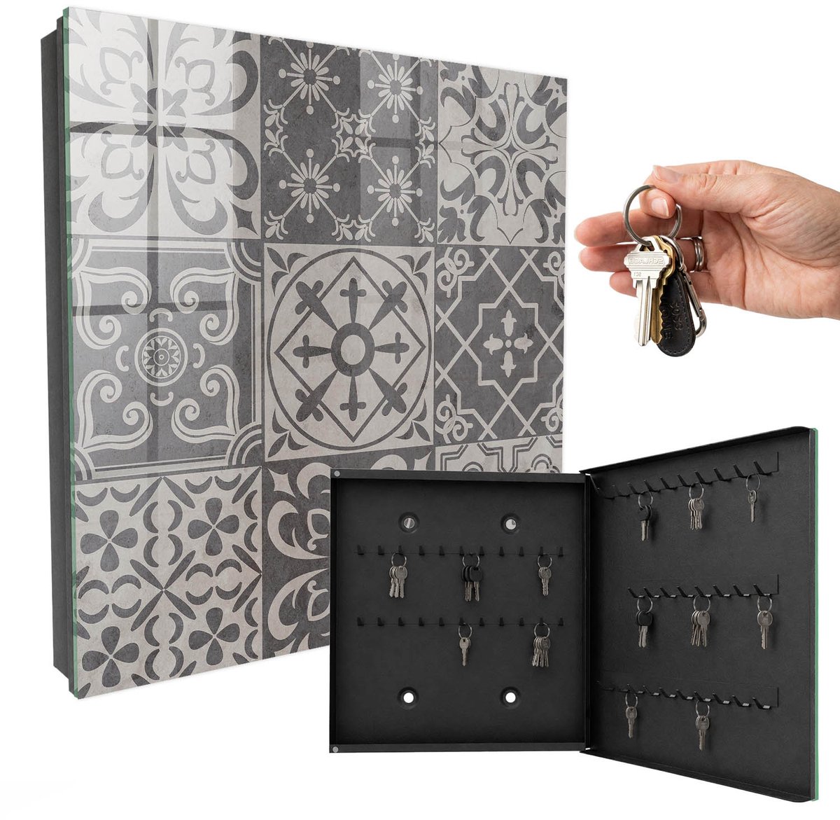 WallMuralia - Sleutelkast - 30x30x5 cm - met 50 haken - Mozaïek Van Patronen Sleutelkastje Design - Grijs Sleutelbox - Rechtsopenend - Zwart interieur