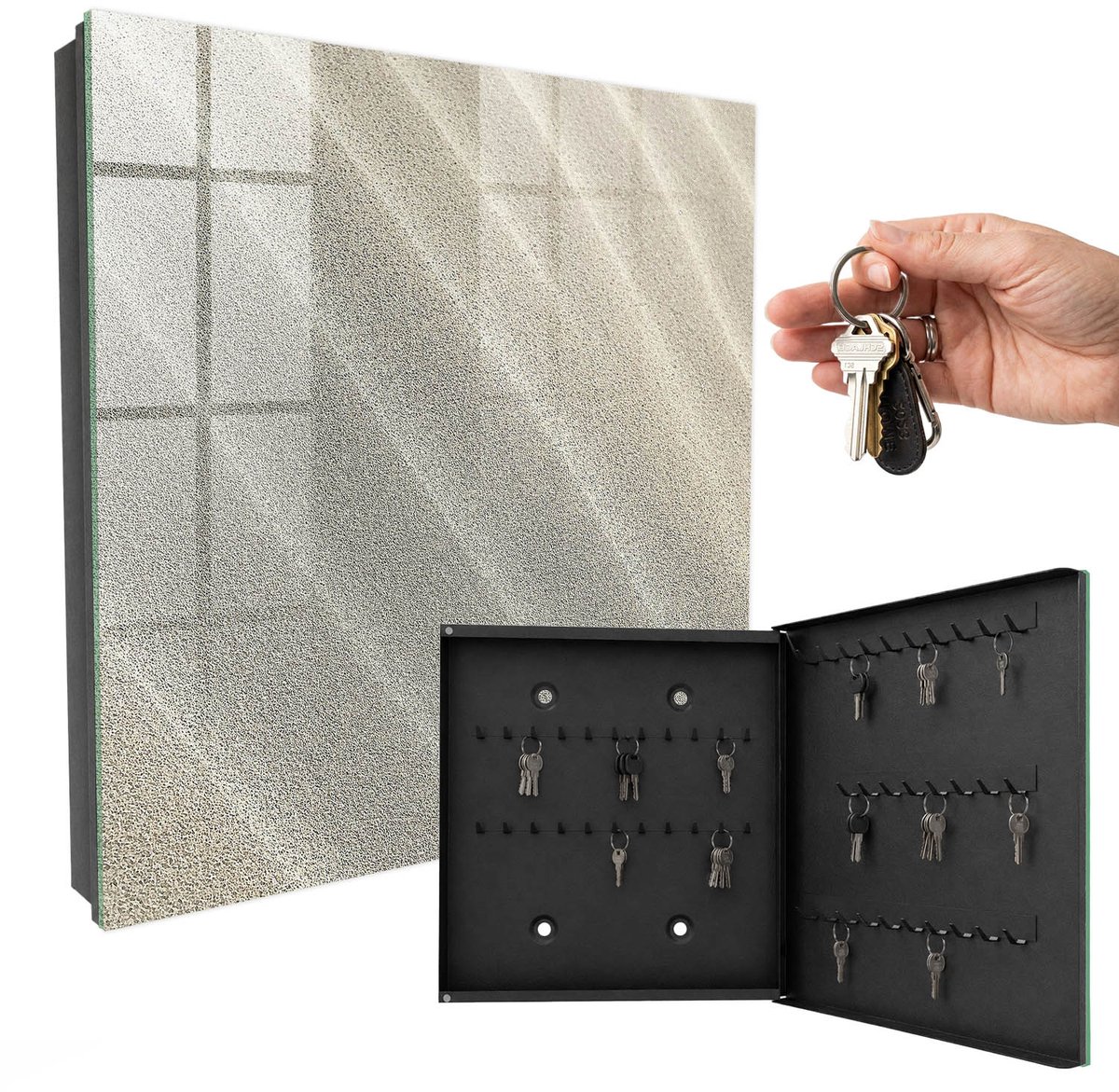 WallMuralia - Sleutelkast - 30x30x5 cm - met 50 haken - Schuimgolven Sleutelkastje Hal - Beige Sleutelbox - Rechtsopenend - Zwart interieur