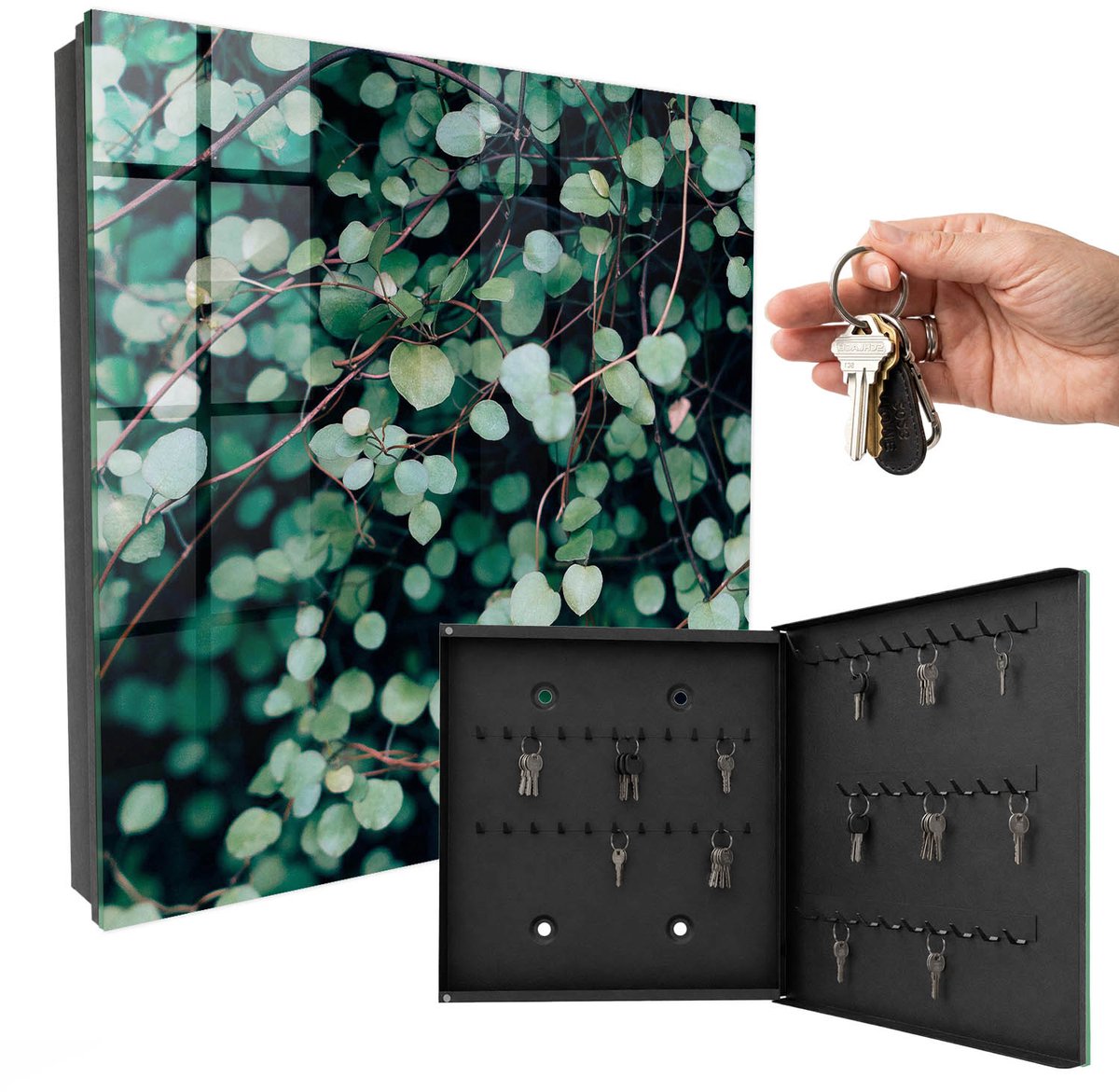 WallMuralia - Sleutelkast - 30x30x5 cm - met 50 haken - Groene Bladeren Sleutelkastje Binnen - Groente Sleutelbox - Rechtsopenend - Zwart interieur