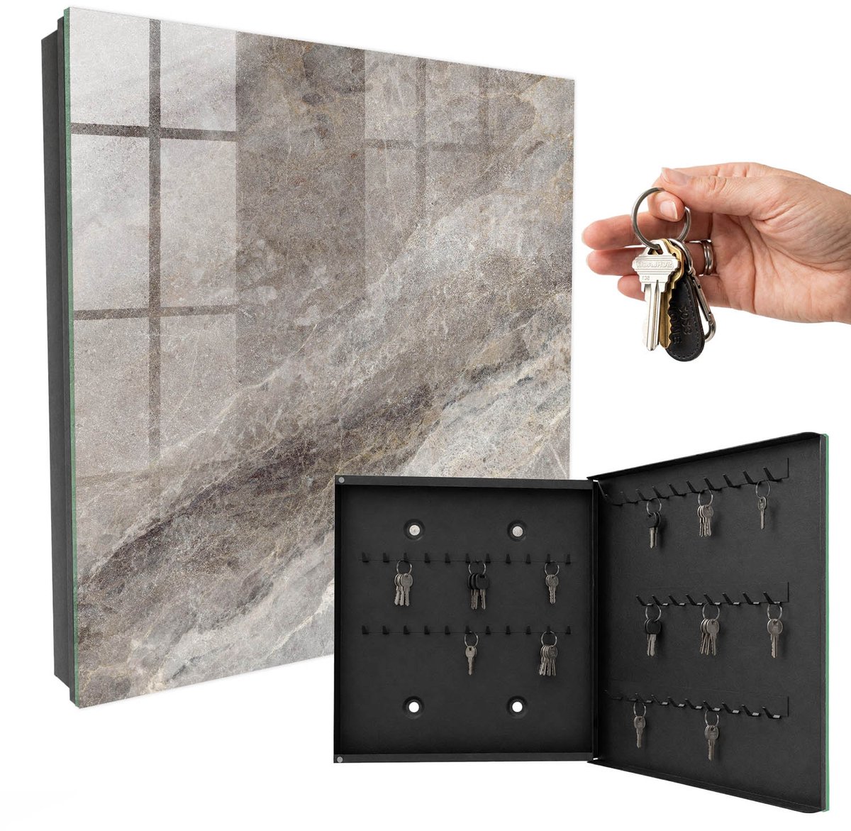 WallMuralia - Sleutelkast - 30x30x5 cm - met 50 haken - Steenstructuur Sleutelkastje Hal - Grijs Sleutelbox - Rechtsopenend - Zwart interieur