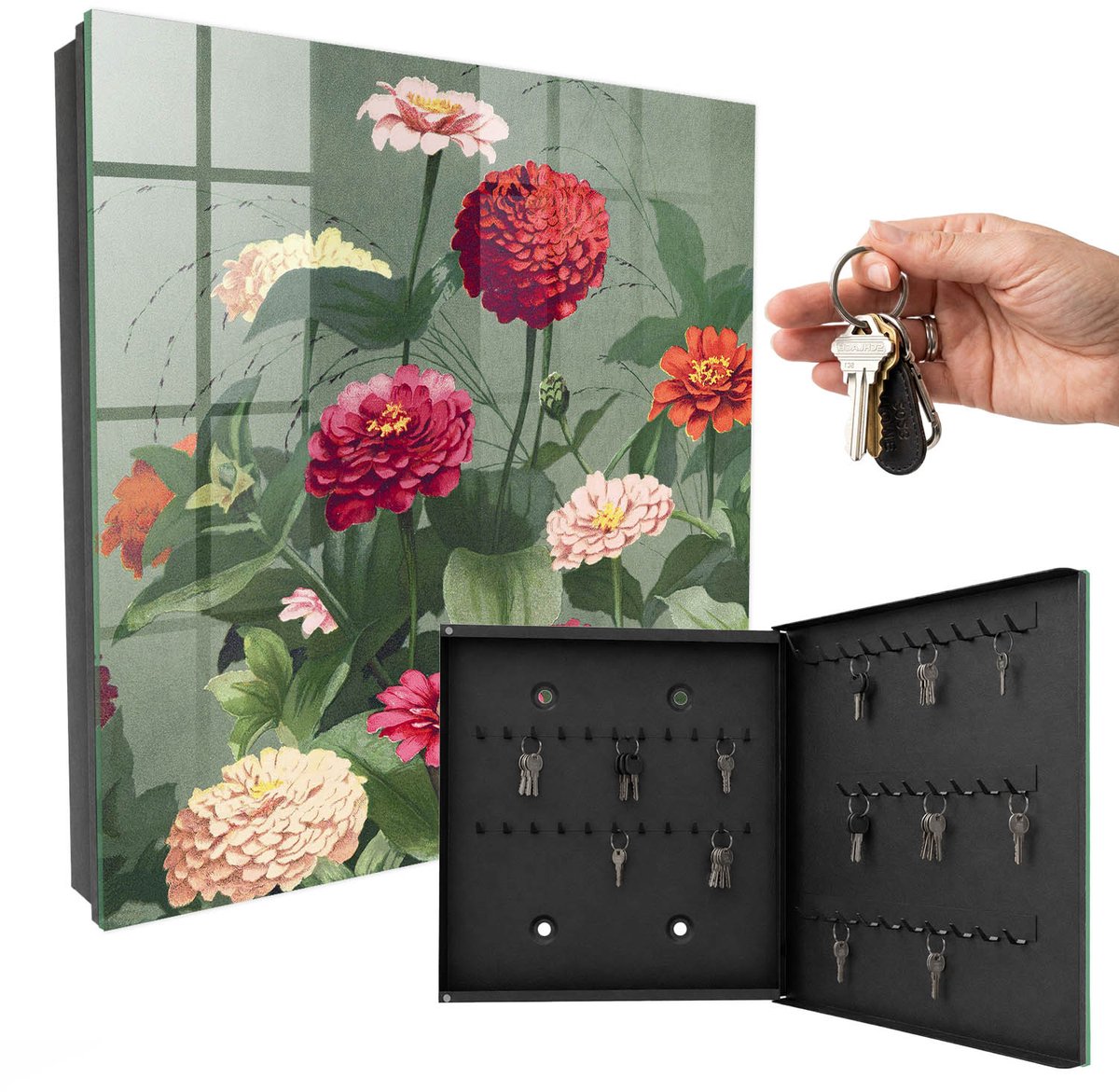 WallMuralia - Sleutelkast - 30x30x5 cm - met 50 haken - Bloeiende Tuin Sleutelkastje Voor Binnen - Groente Sleutelbox - Rechtsopenend - Zwart interieur