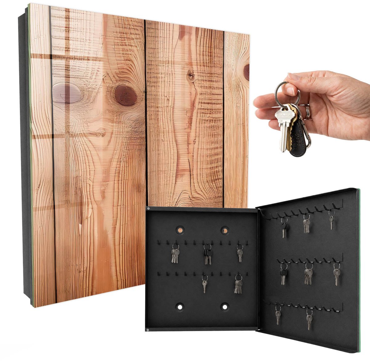WallMuralia - Sleutelkast - 30x30x5 cm - met 50 haken - Houten Ringen Sleutelkastje Landelijk - Bruin Sleutelbox - Rechtsopenend - Zwart interieur