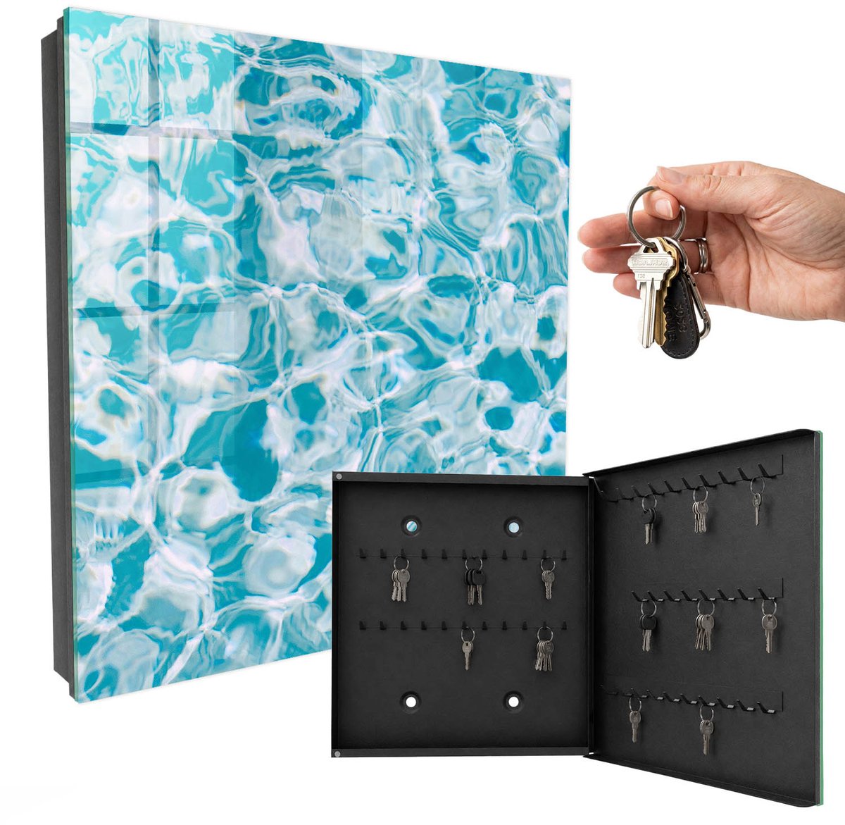 WallMuralia - Sleutelkast - 30x30x5 cm - met 50 haken - Waterwervels Groot Sleutelkastje - Blauw Sleutelbox - Rechtsopenend - Zwart interieur