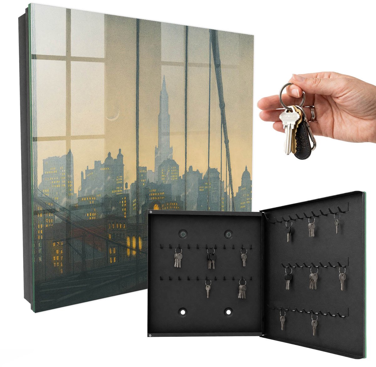 WallMuralia - Sleutelkast - 30x30x5 cm - met 50 haken - Ten Westen Van De Stad Sleutelkastje Huis - Geel Sleutelbox - Rechtsopenend - Zwart interieur