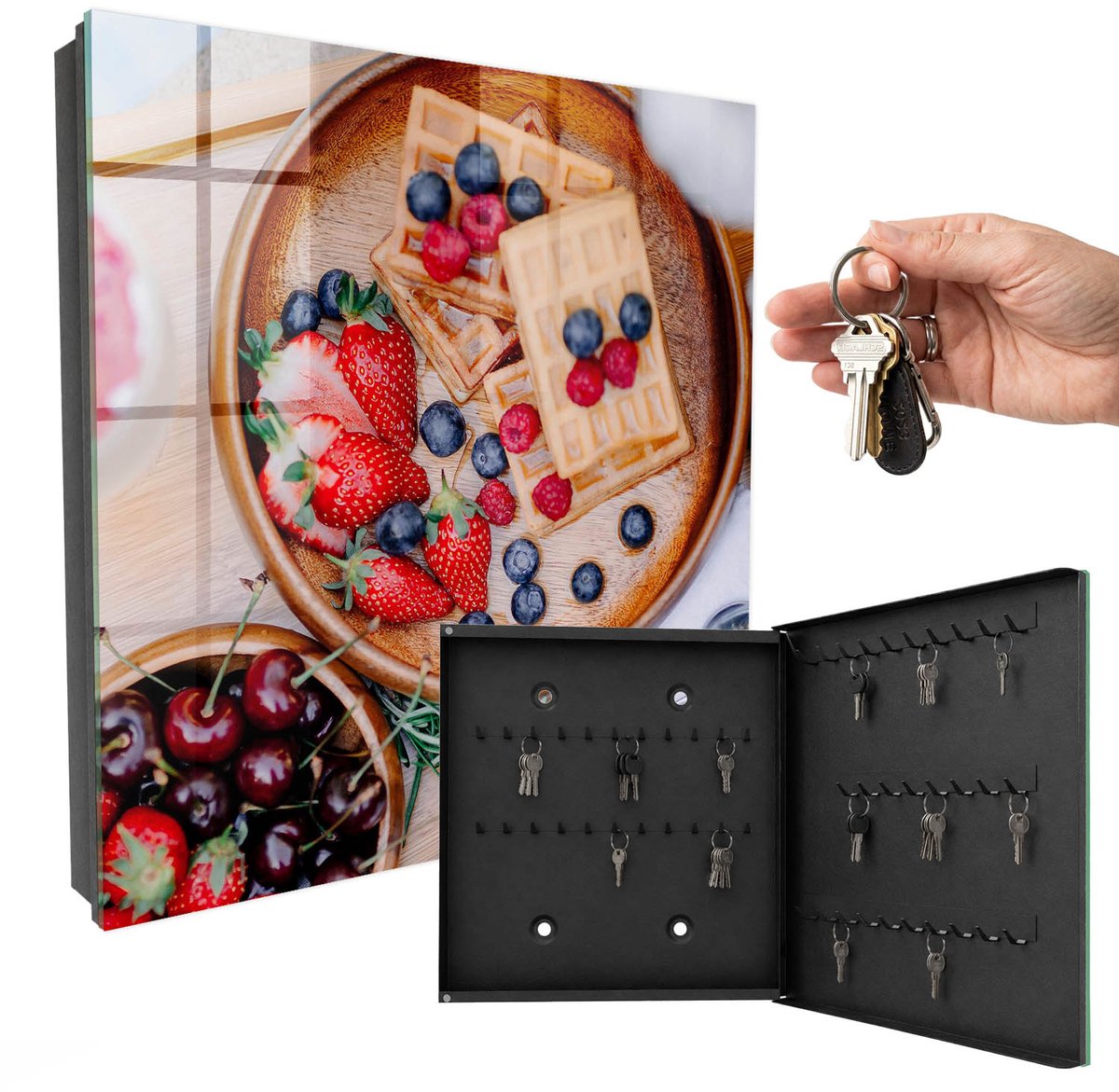 WallMuralia - Sleutelkast - 30x30x5 cm - met 50 haken - Fruitontbijt Sleutelkastje - Bruin Sleutelbox - Rechtsopenend - Zwart interieur