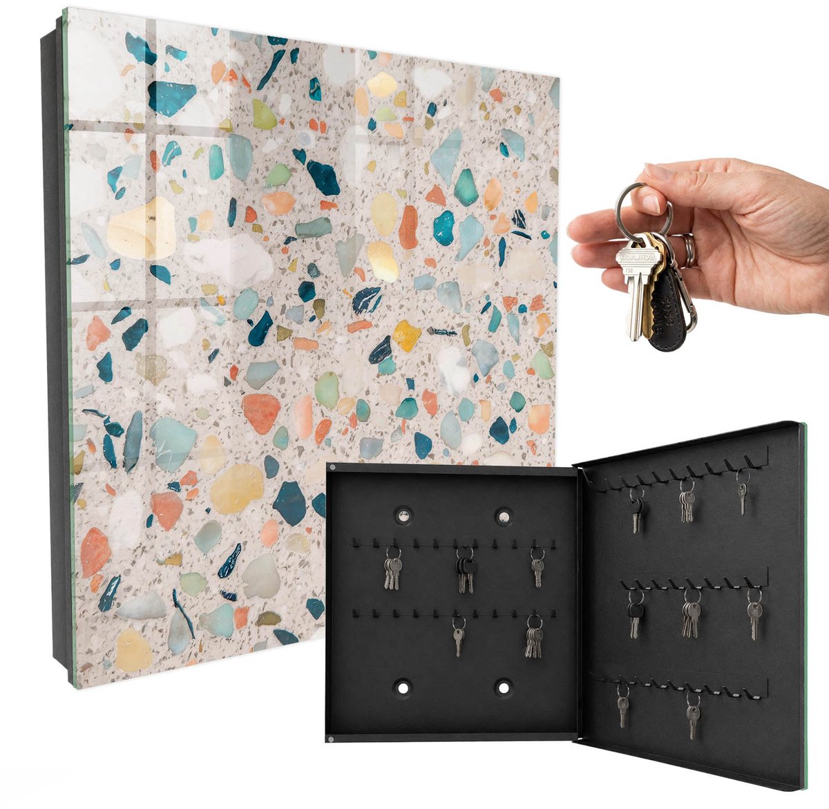 WallMuralia - Sleutelkast - 30x30x5 cm - met 50 haken - Kleurrijk Mozaïek Sleutelkastje Voor Binnen - Beige Sleutelbox - Rechtsopenend - Zwart interieur