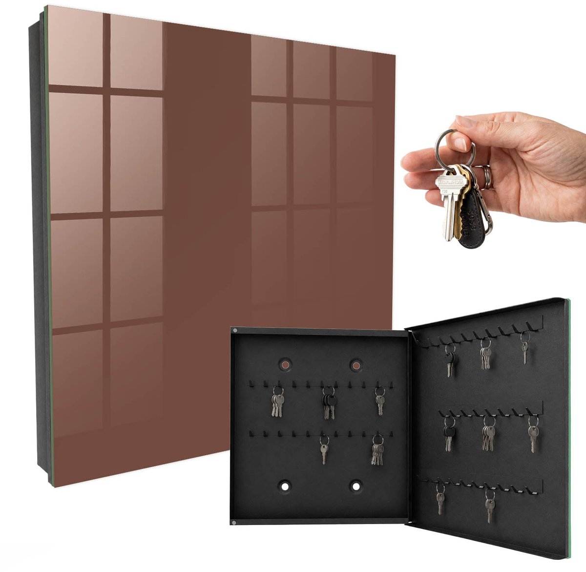 WallMuralia - Sleutelkast - 30x30x5 cm - met 50 haken - Bruine Kleur Sleutelkastje Klein - Bruin Sleutelbox - Rechtsopenend - Zwart interieur