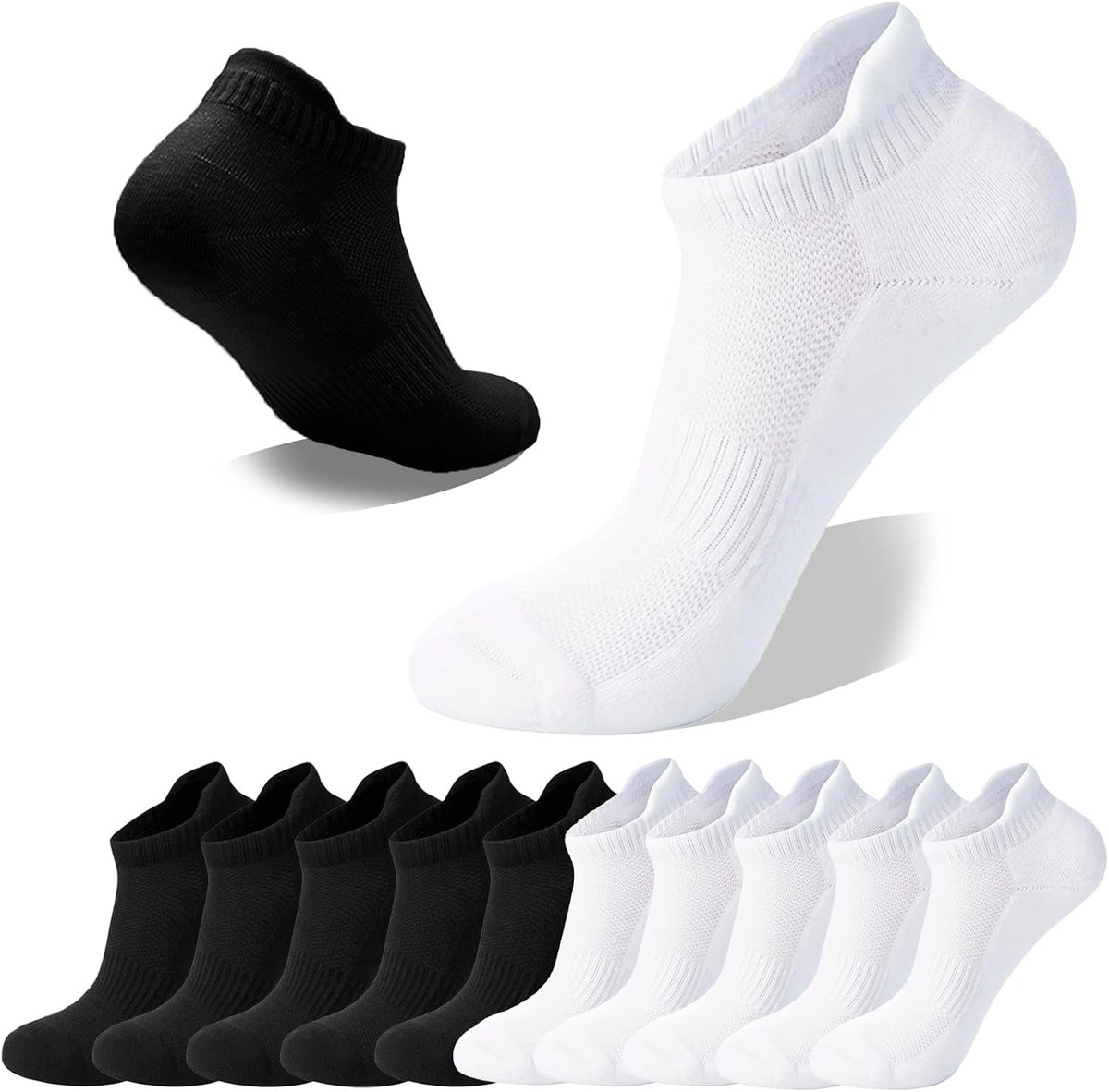 Sneakersokken voor dames, 10 paar, ademende katoenen sokken, korte sportsokken, loopsokken, maat 35-38 (wit/zwart)