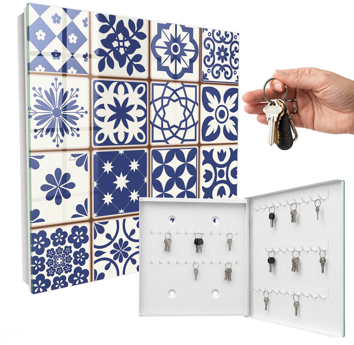 WallMuralia - Sleutelkast - 30x30x5 cm - met 50 haken - Retro Mozaïek Sleutelkastje Voor Binnen - Blauw Sleutelbox - Rechtsopenend - Wit interieur