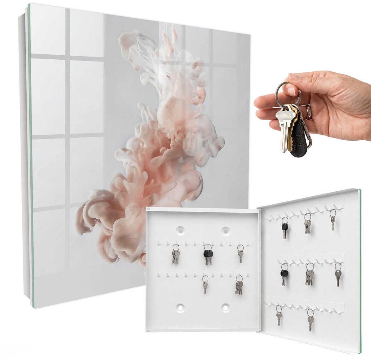WallMuralia - Sleutelkast - 30x30x5 cm - met 50 haken - Vloeibare Elegantie Leuk Sleutelkastje - Wit Sleutelbox - Rechtsopenend - Wit interieur