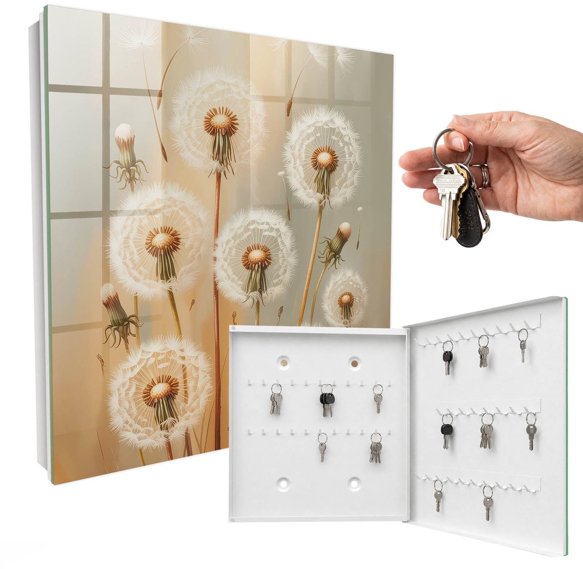 WallMuralia - Sleutelkast - 30x30x5 cm - met 50 haken - De Schoonheid Van Paardenbloemen Sleutelkastje Landelijk - Wit Sleutelbox - Rechtsopenend - Wit interieur