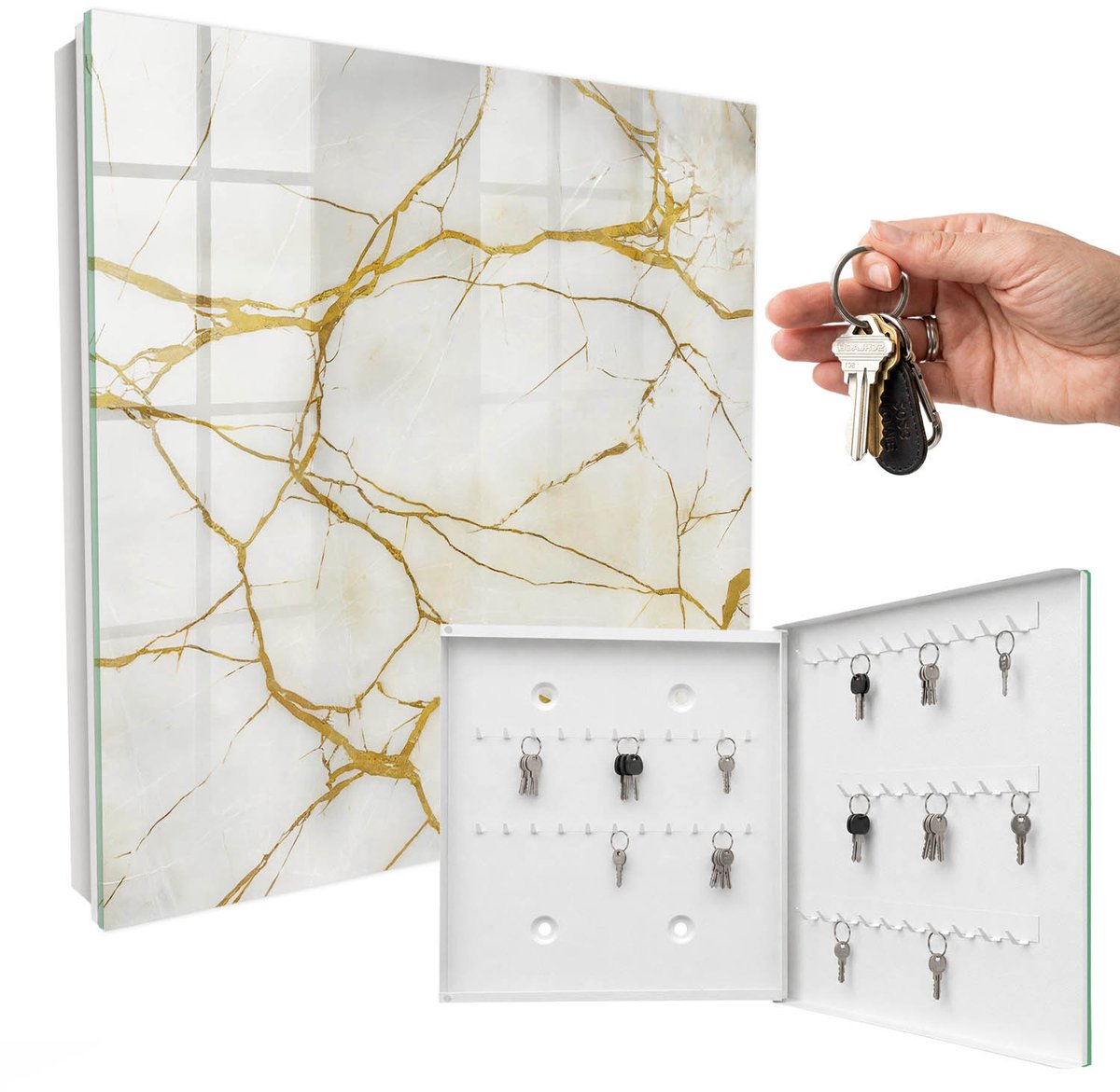 WallMuralia - Sleutelkast - 30x30x5 cm - met 50 haken - Elegant Marmer Sleutelkastje Klein - Wit Sleutelbox - Rechtsopenend - Wit interieur