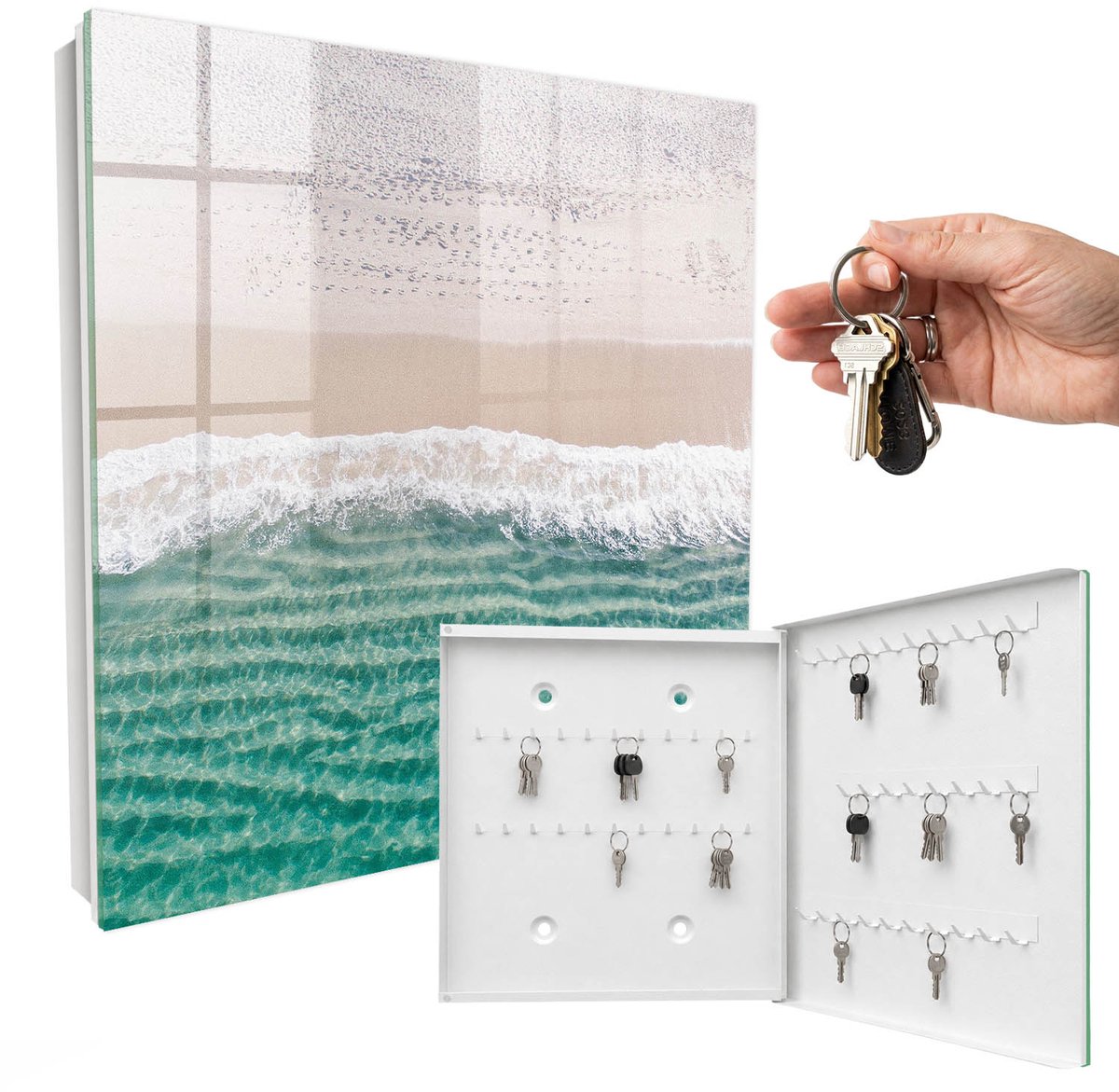 WallMuralia - Sleutelkast - 30x30x5 cm - met 50 haken - Zomerstrand Leuk Sleutelkastje - Wit Sleutelbox - Rechtsopenend - Wit interieur