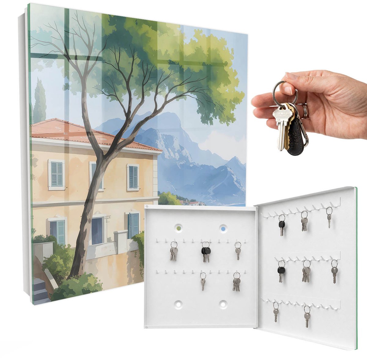 WallMuralia - Sleutelkast - 30x30x5 cm - met 50 haken - De Rust Van De Natuur Sleutelkastje Muur - Groente Sleutelbox - Rechtsopenend - Wit interieur